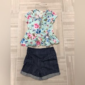 Little Toddler Girls 3 Pieces Girls Floral Flower Blouse Top Short Necklace